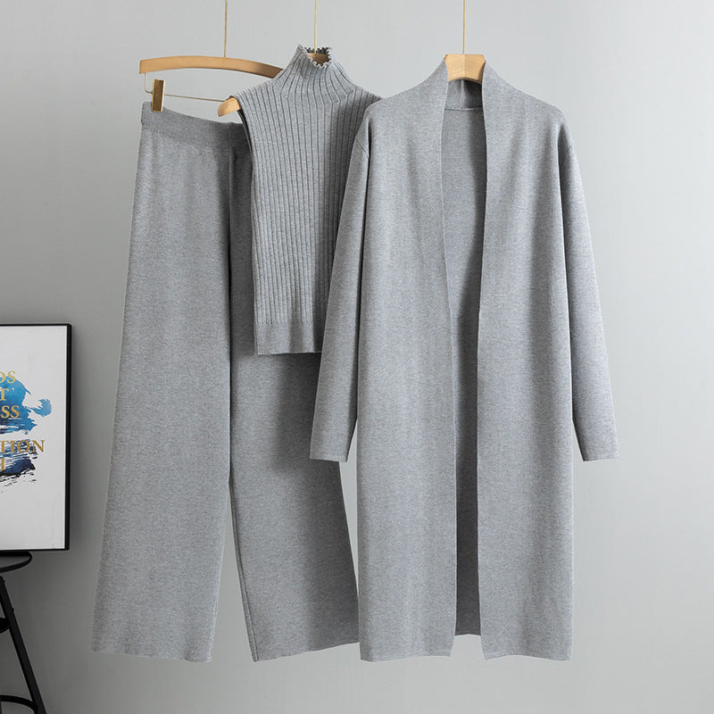 Completo Donna 3 Pezzi in Maglia – Gilet, Cardigan Lungo e Pantaloni Larghi