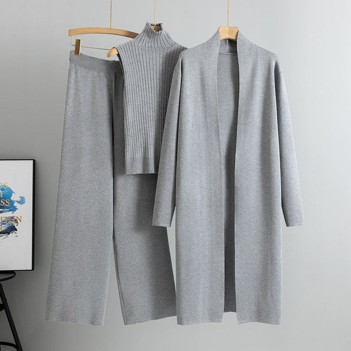 Completo Donna 3 Pezzi in Maglia – Gilet, Cardigan Lungo e Pantaloni Larghi