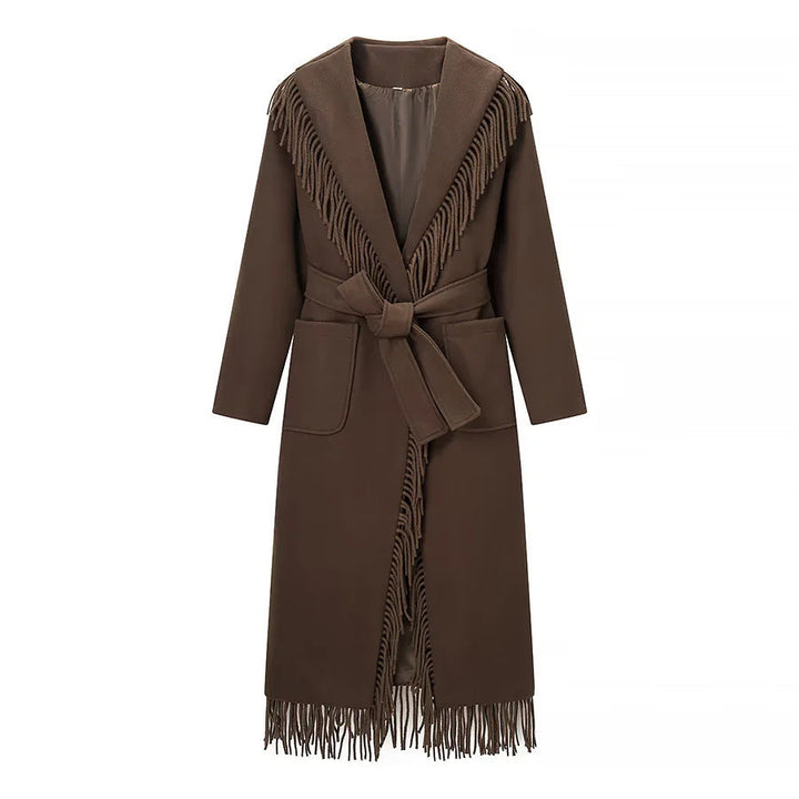 Manteau Femme Long à Franges – Col Châle et Ceinture à Nouer