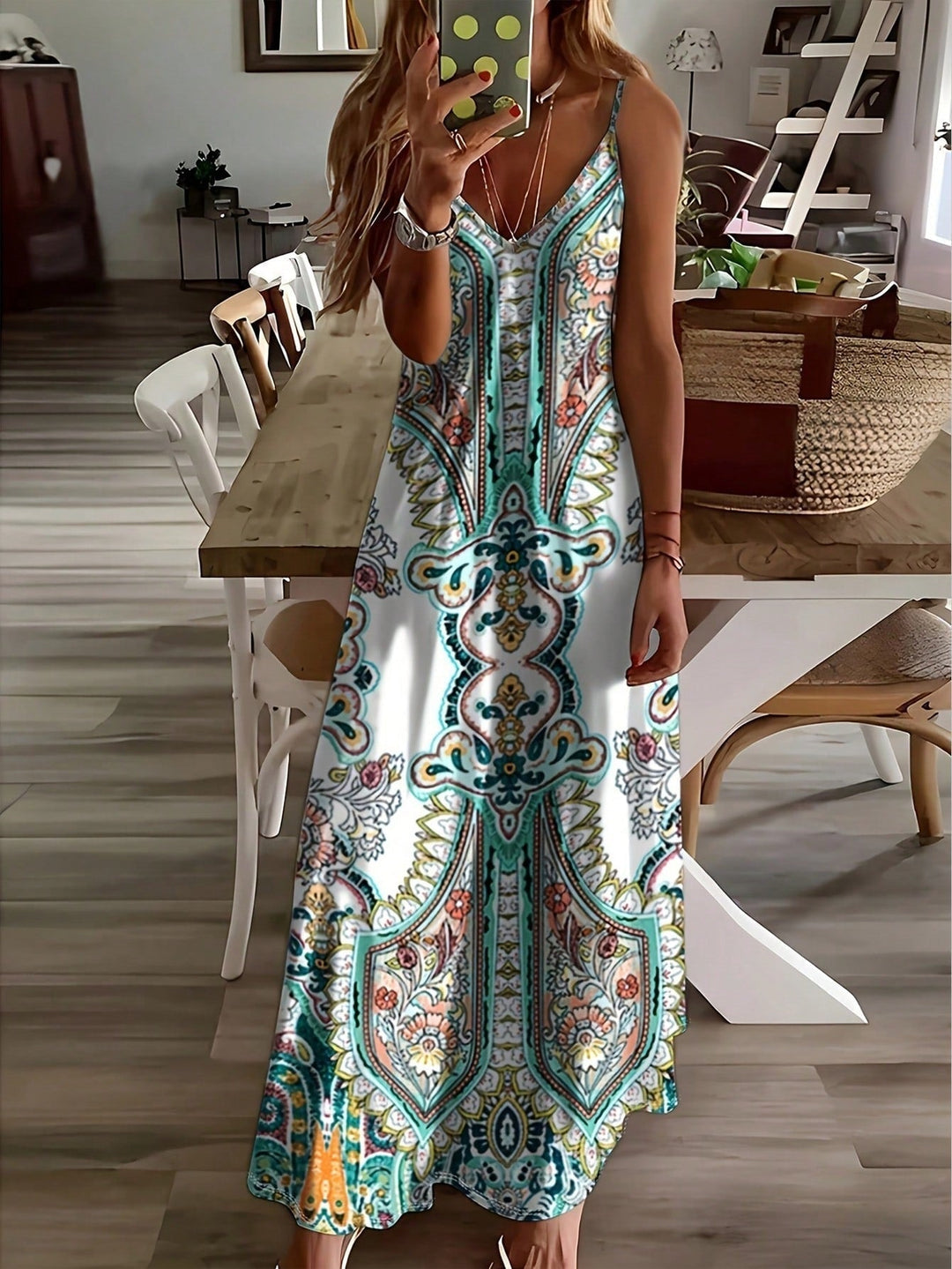 Langes Boho-Kleid für Damen – Mandala-Print, ärmellos