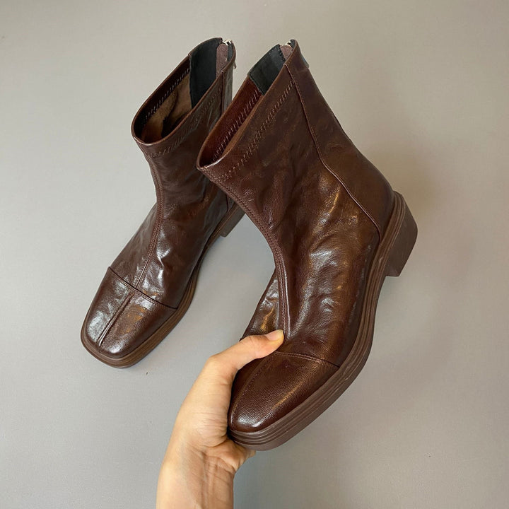 Bottines Femme en Cuir Bout Carré – Semelle Crantée