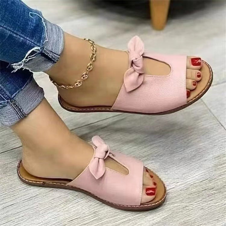 Flat Women's Sandals with Bow – Open Toe Slip-On Summer