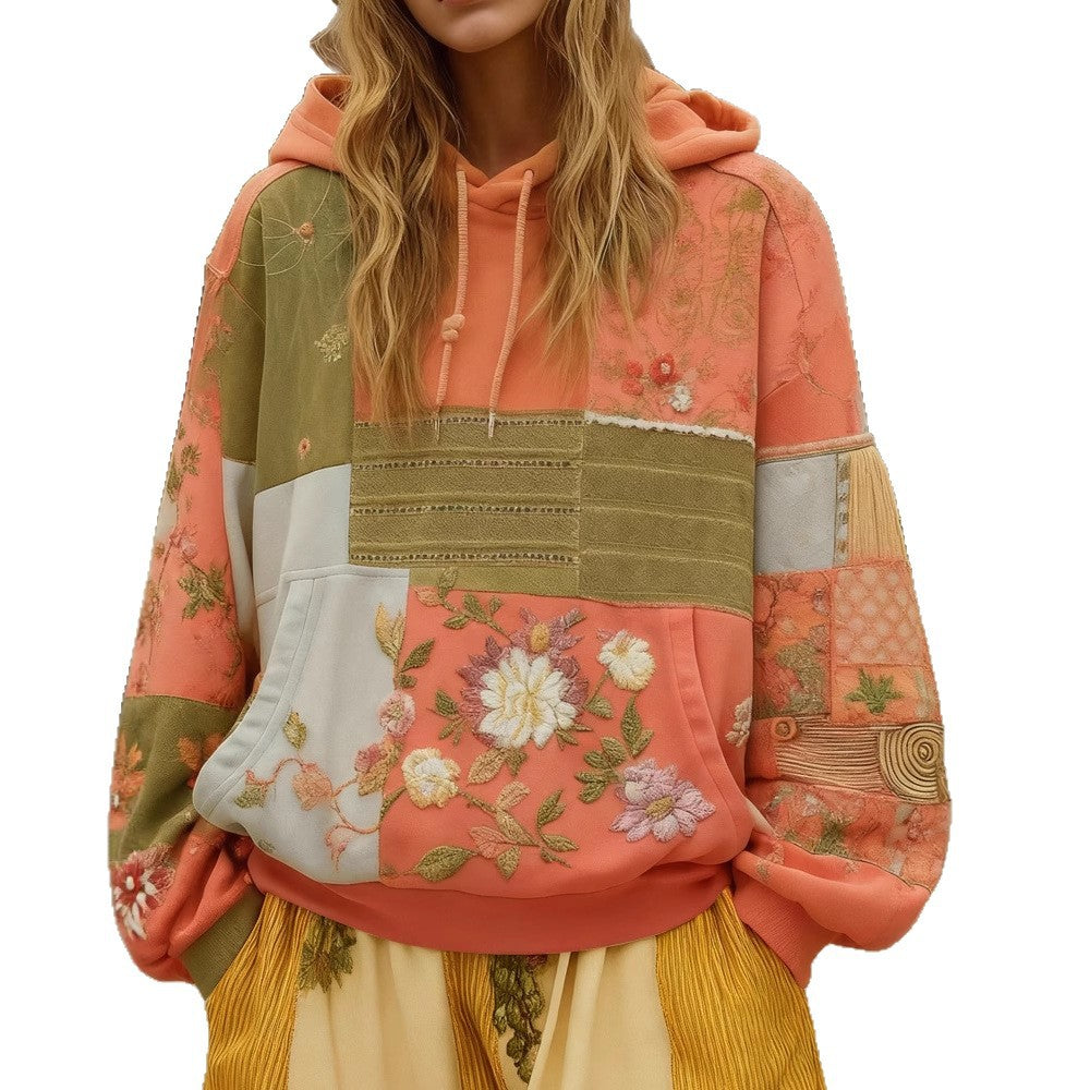 Sweat à Capuche Femme Patchwork Brodé – Appliqués Fleuris