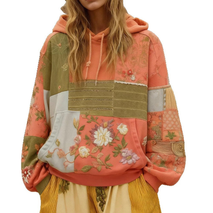 Sweat à Capuche Femme Patchwork Brodé – Appliqués Fleuris