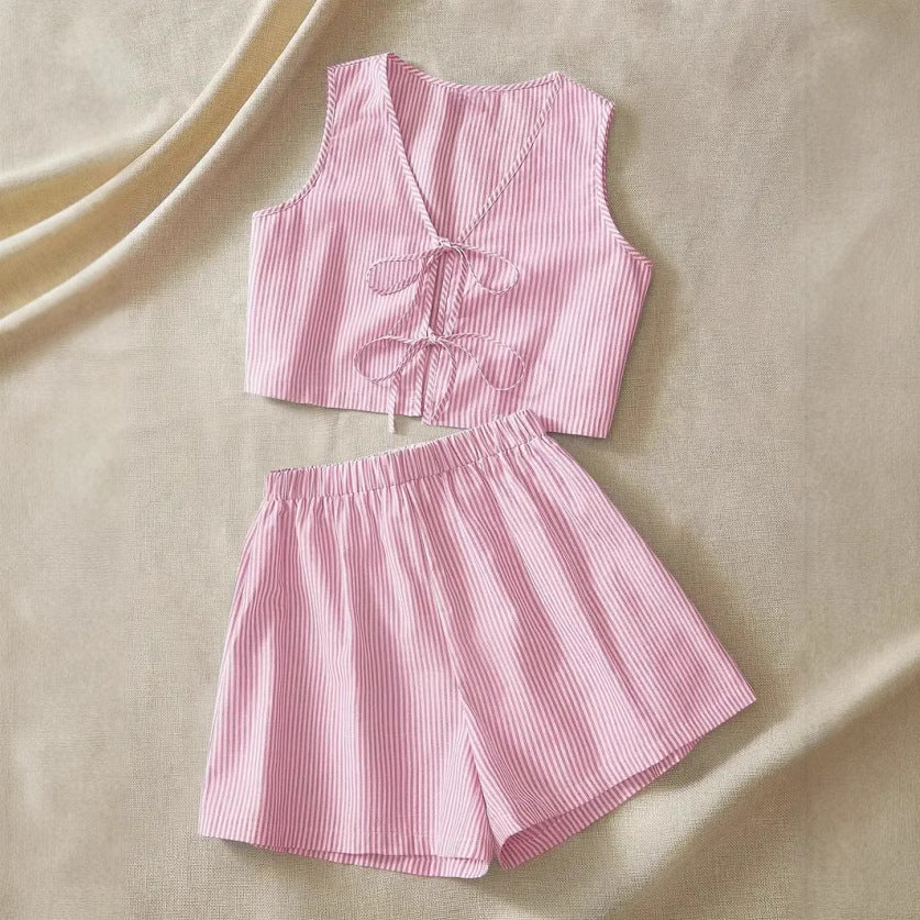 Women's Two-Piece Striped Set – Crop Top and High-Waisted Shorts with Knots