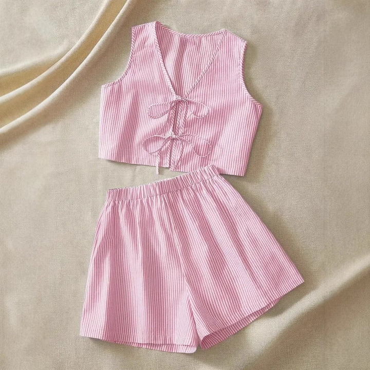 Women's Two-Piece Striped Set – Crop Top and High-Waisted Shorts with Knots