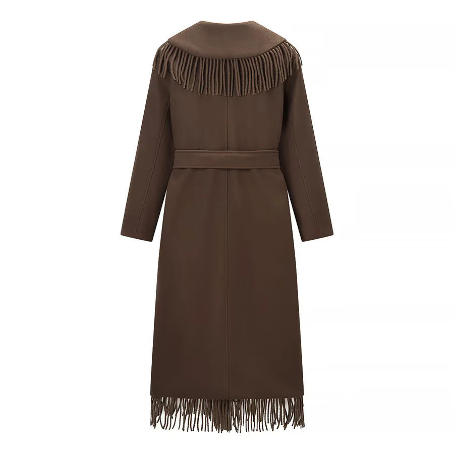 Manteau Femme Long à Franges – Col Châle et Ceinture à Nouer