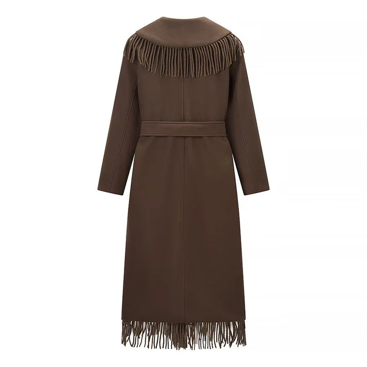 Manteau Femme Long à Franges – Col Châle et Ceinture à Nouer