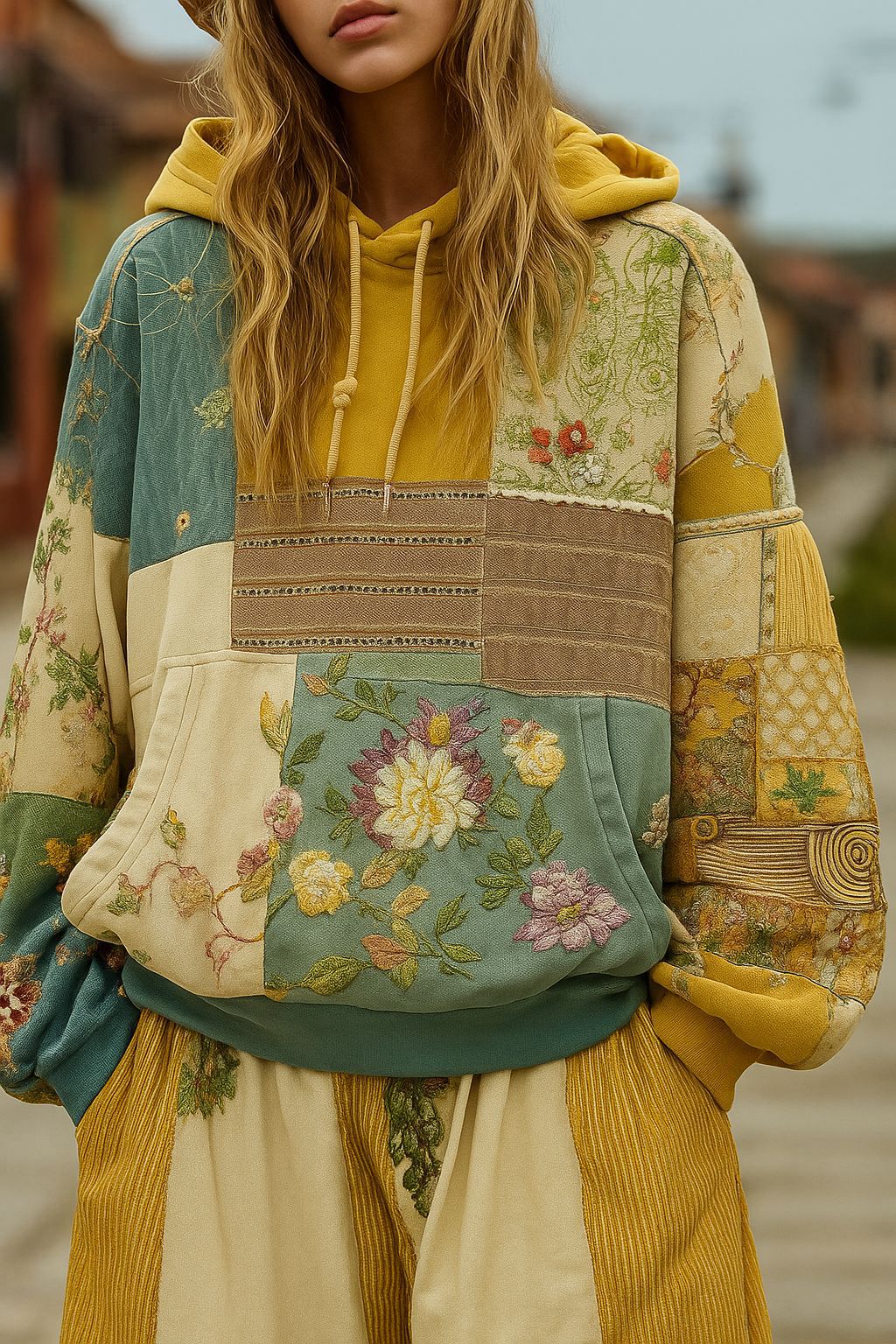 Sweat à Capuche Femme Patchwork Brodé – Appliqués Fleuris
