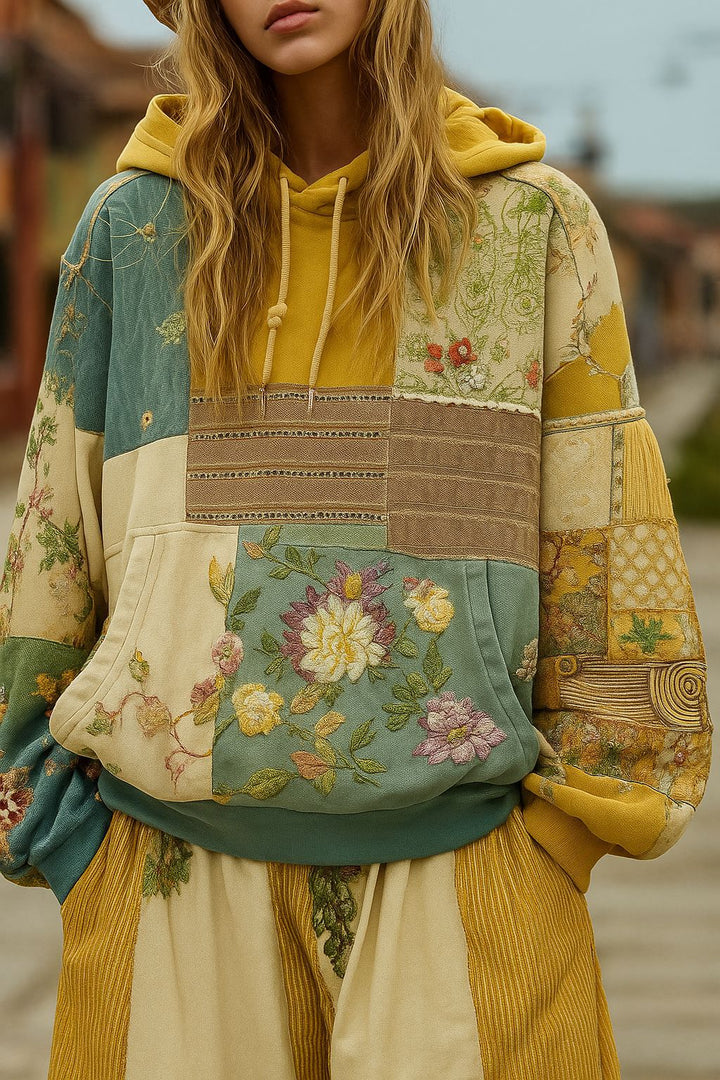 Sweat à Capuche Femme Patchwork Brodé – Appliqués Fleuris