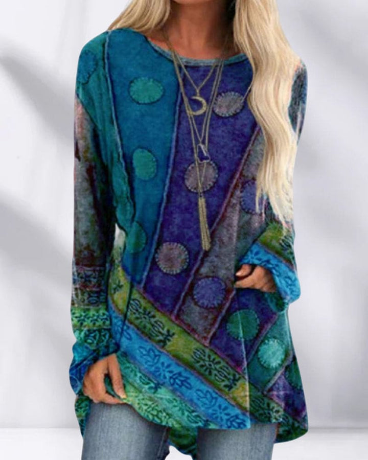 Women's Oversized Boho Top – Ethnic Print Long Sleeves