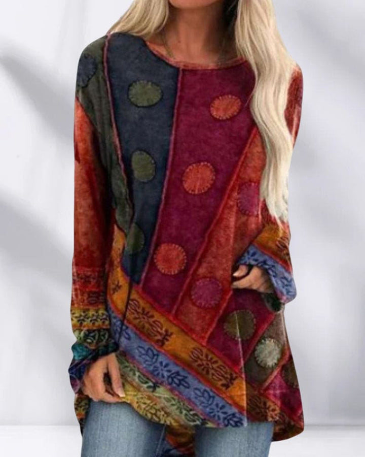 Women's Oversized Boho Top – Ethnic Print Long Sleeves