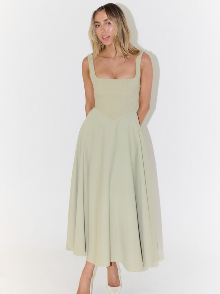 Midikleid Damen mit quadratischem Ausschnitt – ausgestellter Schnitt, ärmellos