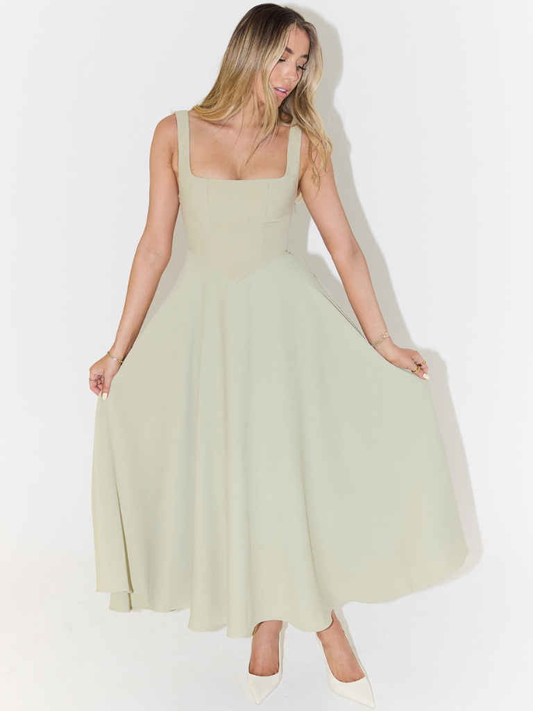 Midikleid Damen mit quadratischem Ausschnitt – ausgestellter Schnitt, ärmellos
