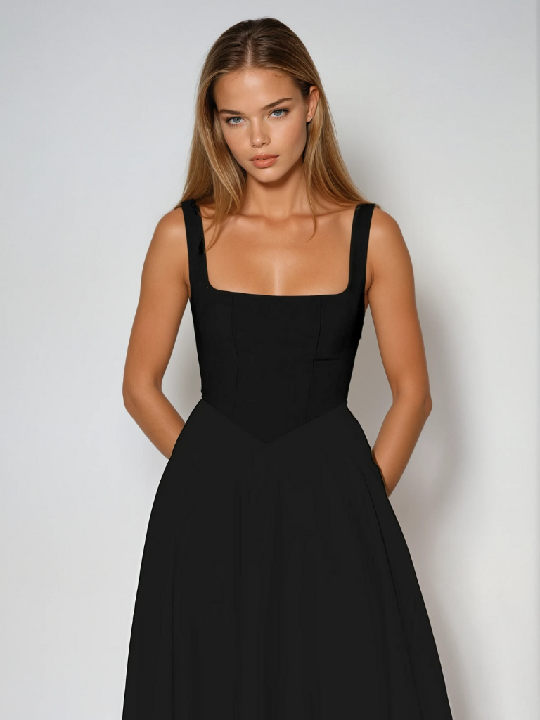 Midikleid Damen mit quadratischem Ausschnitt – ausgestellter Schnitt, ärmellos