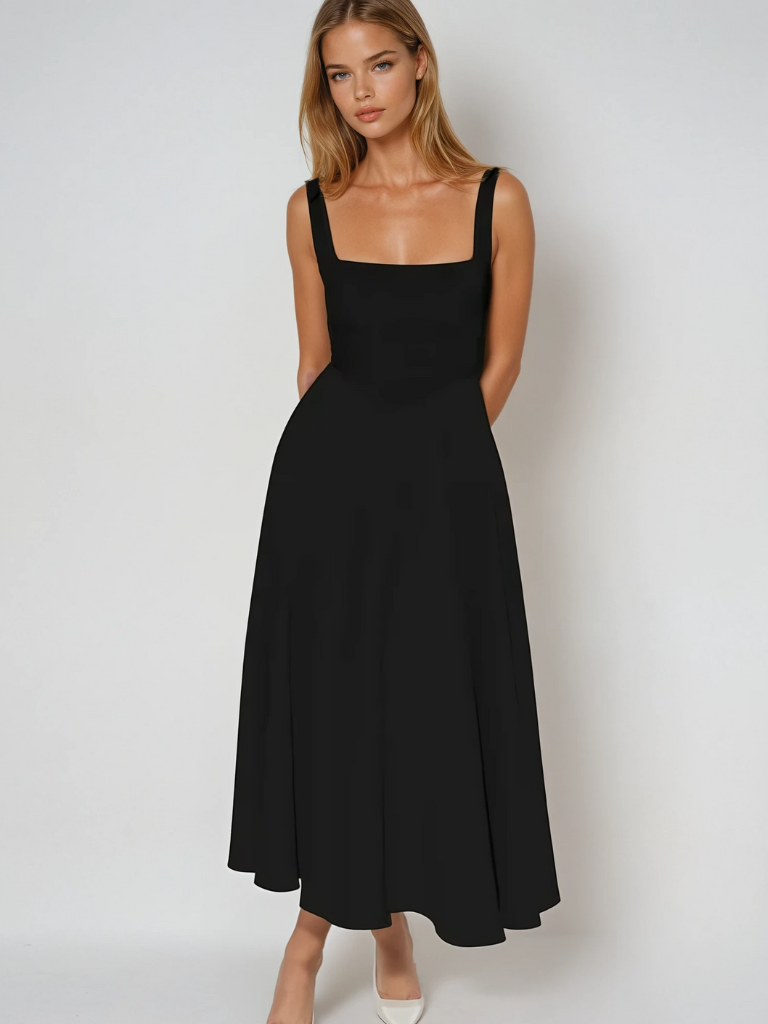 Midikleid Damen mit quadratischem Ausschnitt – ausgestellter Schnitt, ärmellos