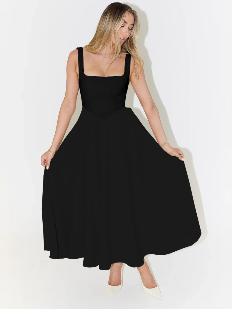 Midikleid Damen mit quadratischem Ausschnitt – ausgestellter Schnitt, ärmellos