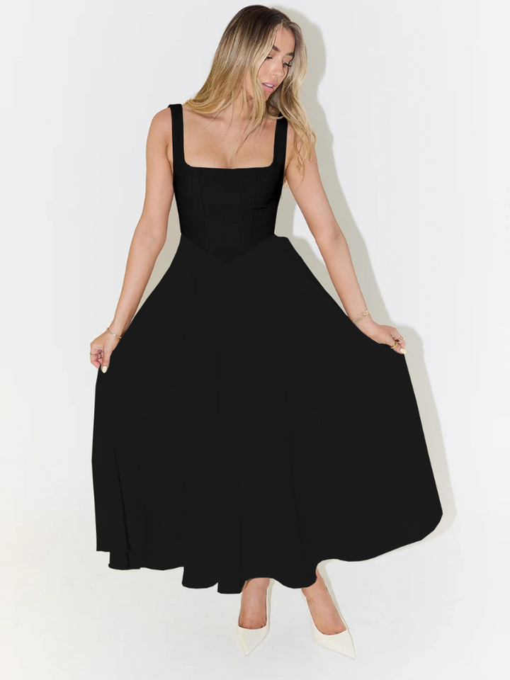 Midikleid Damen mit quadratischem Ausschnitt – ausgestellter Schnitt, ärmellos