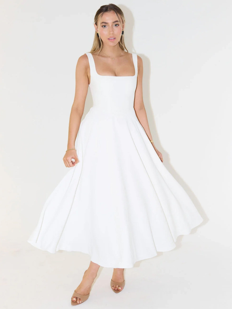Midikleid Damen mit quadratischem Ausschnitt – ausgestellter Schnitt, ärmellos
