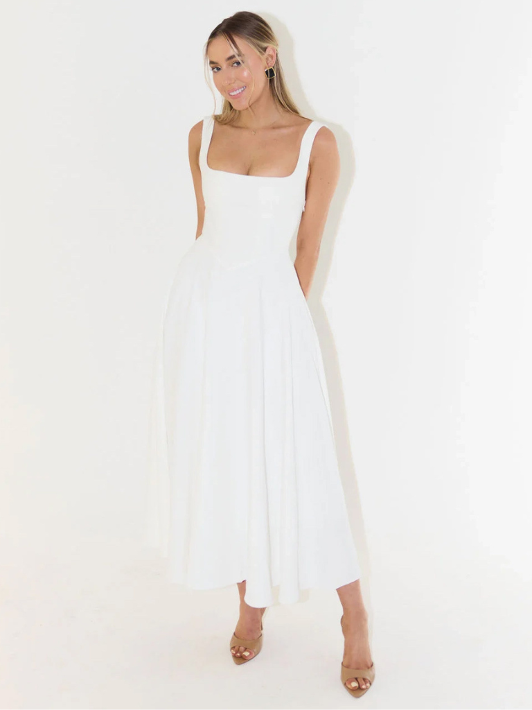 Midikleid Damen mit quadratischem Ausschnitt – ausgestellter Schnitt, ärmellos