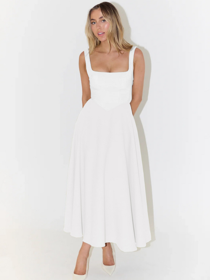 Midikleid Damen mit quadratischem Ausschnitt – ausgestellter Schnitt, ärmellos