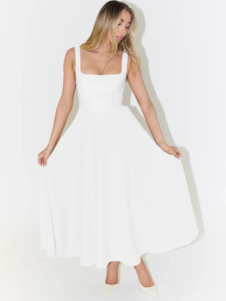 Midikleid Damen mit quadratischem Ausschnitt – ausgestellter Schnitt, ärmellos