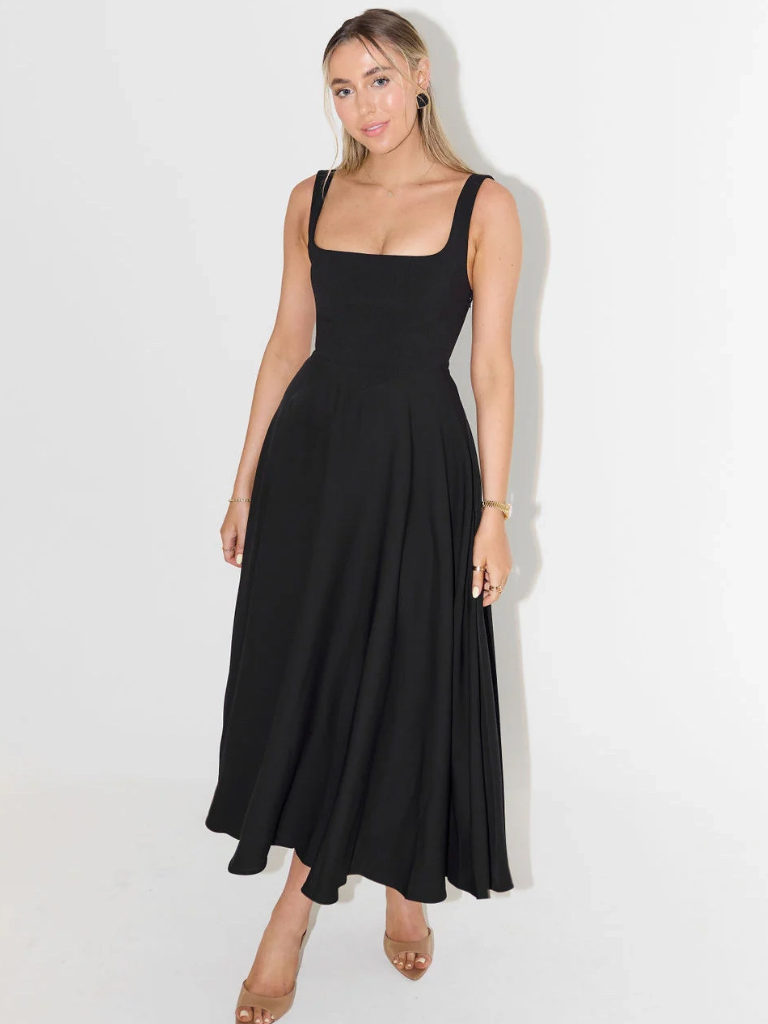 Midikleid Damen mit quadratischem Ausschnitt – ausgestellter Schnitt, ärmellos