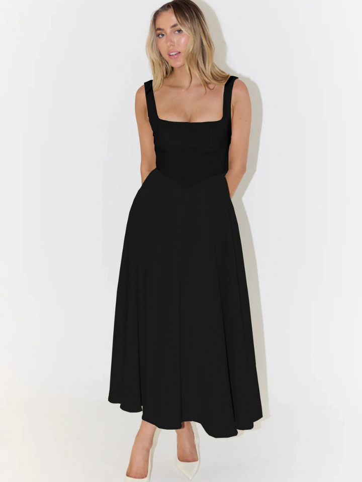 Midikleid Damen mit quadratischem Ausschnitt – ausgestellter Schnitt, ärmellos