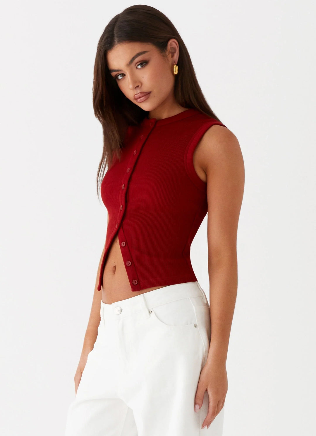 Top corto da donna in maglia a coste – Collo con bottoni senza maniche