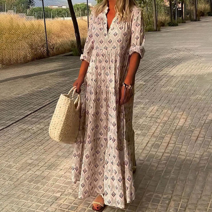 Langes Damenkleid im Boho-Stil mit V-Ausschnitt – Weite Passform, halblange Ärmel, leicht