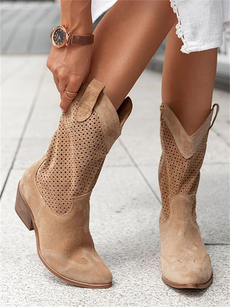 Stivali Cowboy in Camoscio da Donna – Tacco Medio Quadrato