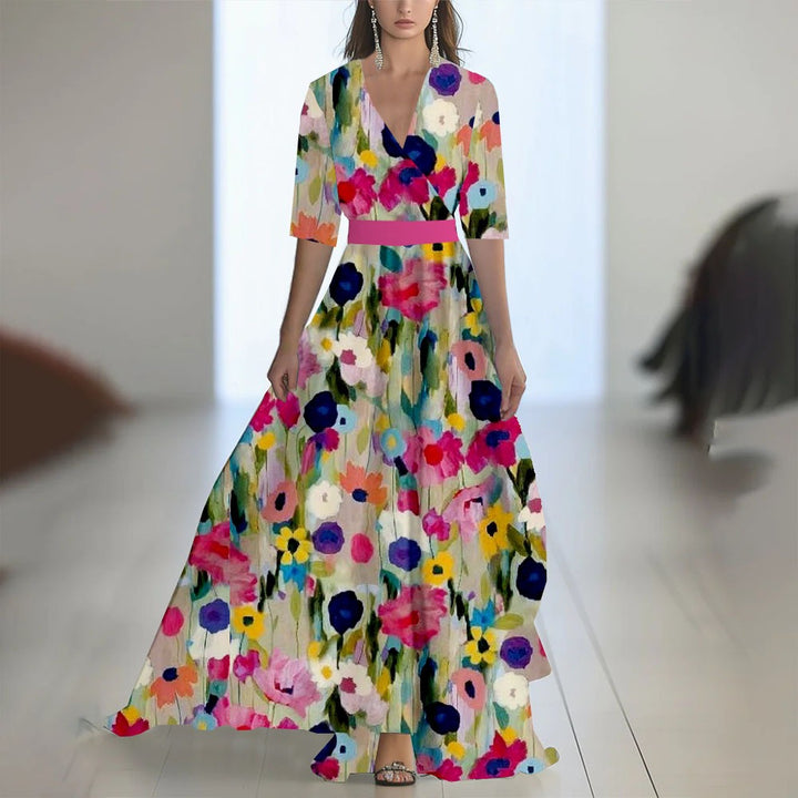 Damen Maxikleid mit Blumenmuster – V-Ausschnitt, taillierter Schnitt