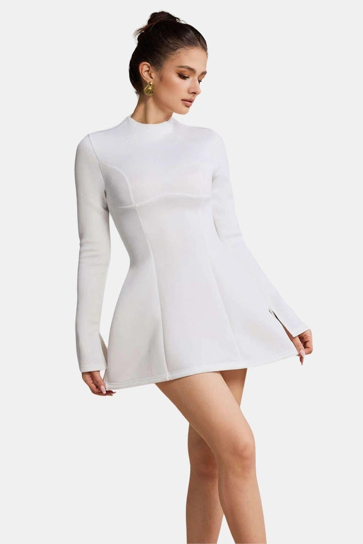 Women's Mini Dress with Long Sleeves – Sculpted Turtleneck and Fitted Cut