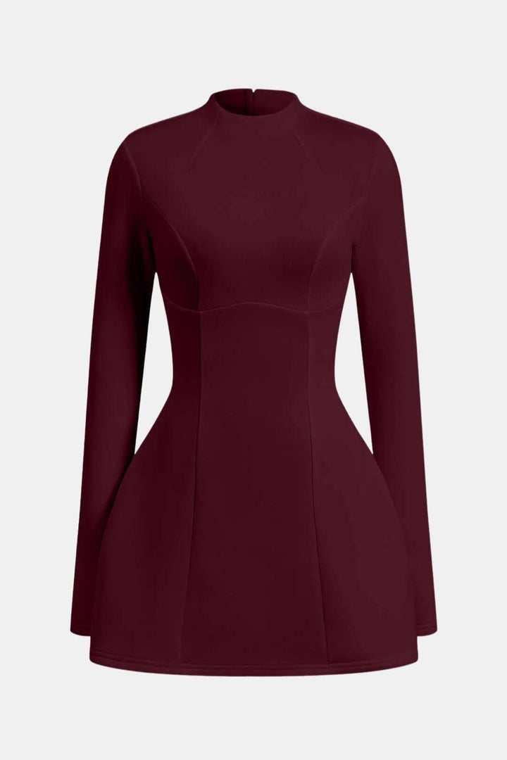 Women's Mini Dress with Long Sleeves – Sculpted Turtleneck and Fitted Cut