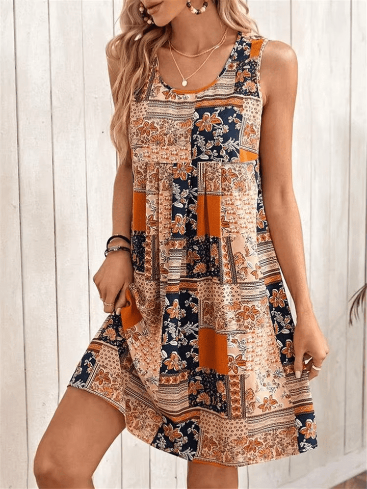 Mini abito boho donna in tessuto leggero – design patchwork senza maniche