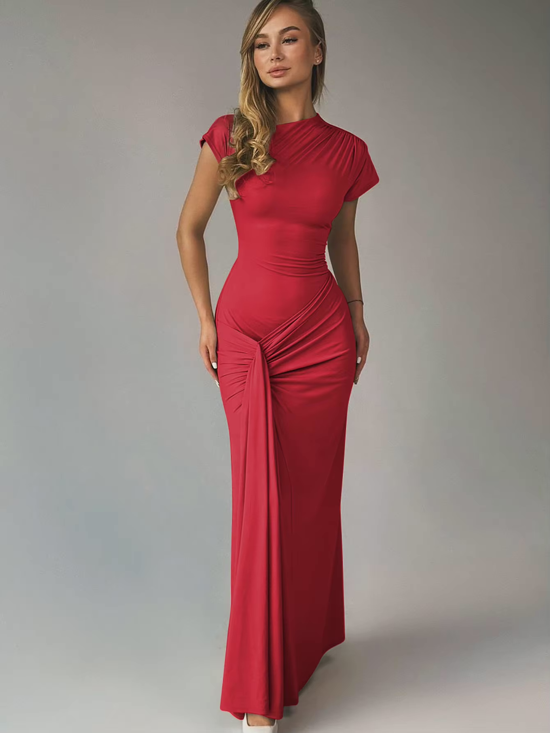 Women's Maxi Dress with Asymmetric Neckline – Lace-Up Back Slim Fit