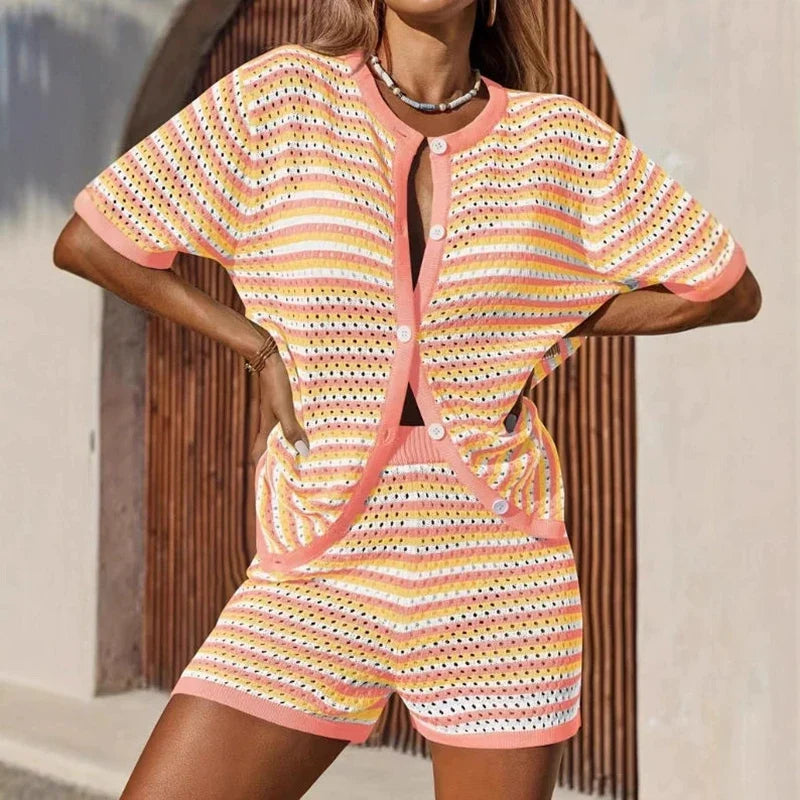 Ensemble Cardigan Femme Maille Ajourée Rayée – Coupe Décontractée
