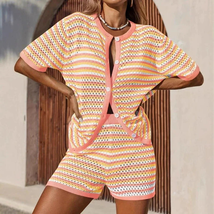 Ensemble Cardigan Femme Maille Ajourée Rayée – Coupe Décontractée