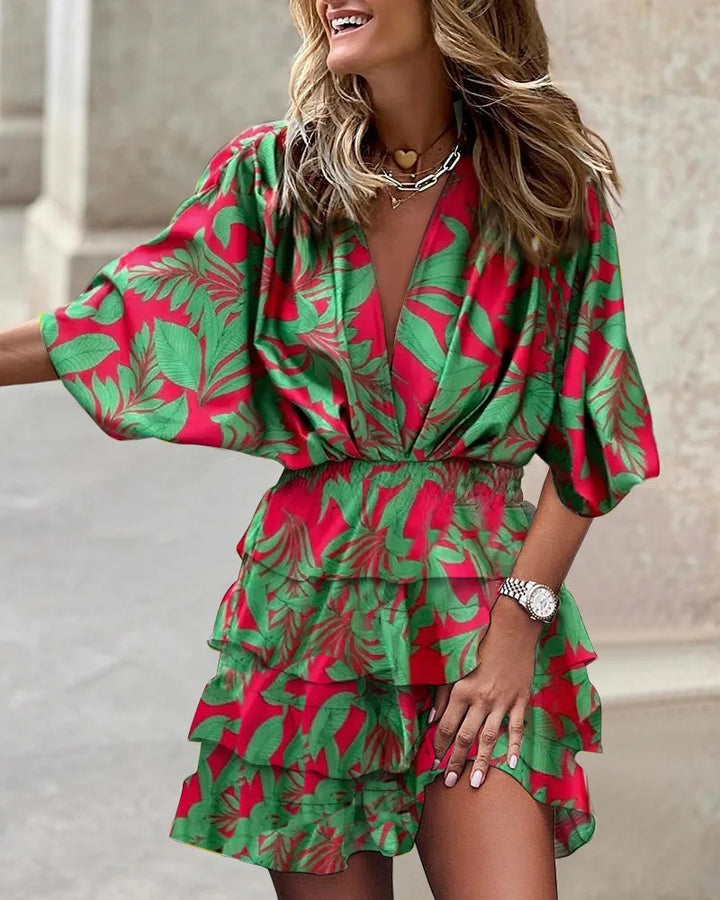 Mini abito boho donna in tessuto leggero – collo a V maniche a pipistrello
