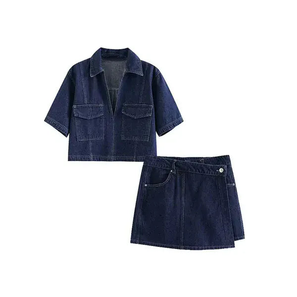 Completo Due Pezzi Donna in Jeans – Camicia Crop & Gonna Pantalone Asimmetrica