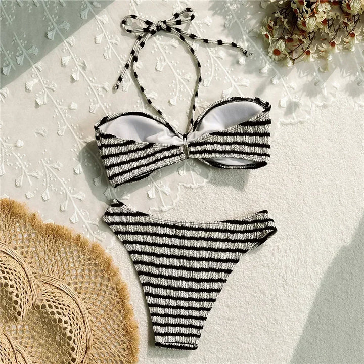 Bikini Due Pezzi Donna a Righe – Fascia Arricciata e Vita Alta