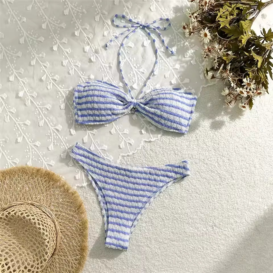 Bikini Due Pezzi Donna a Righe – Fascia Arricciata e Vita Alta