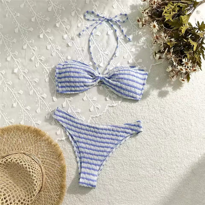 Bikini Due Pezzi Donna a Righe – Fascia Arricciata e Vita Alta