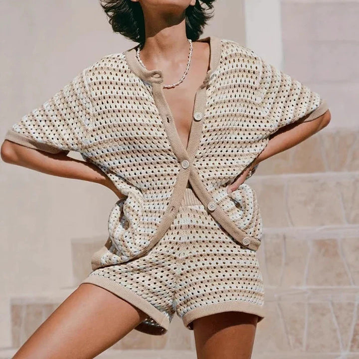 Ensemble Cardigan Femme Maille Ajourée Rayée – Coupe Décontractée