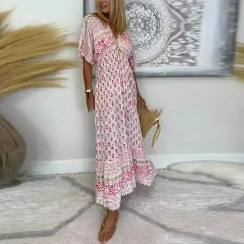 Abito lungo donna stampato con scollo a V – taglio fluido maniche corte