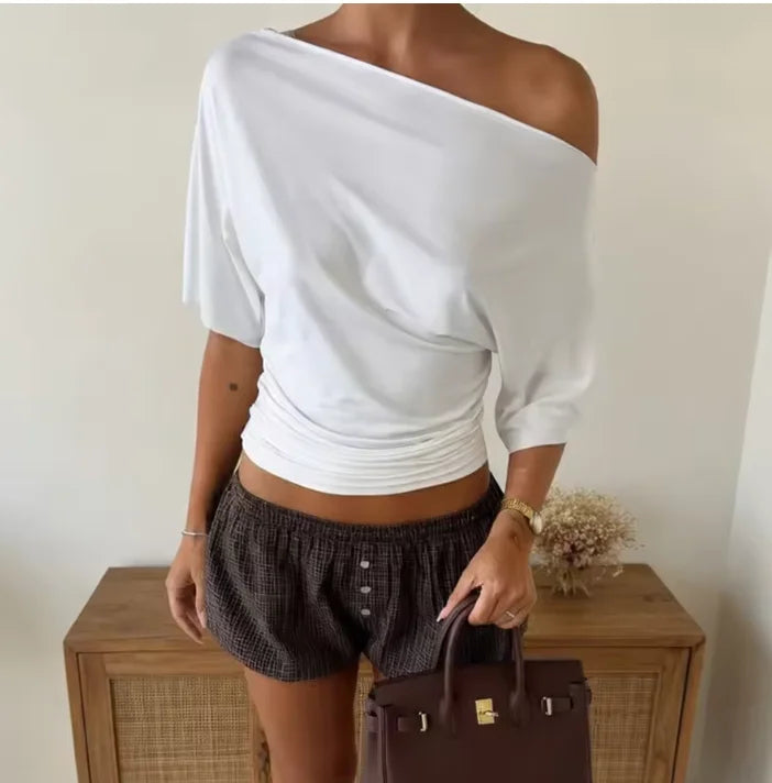 Top Femme Asymétrique Épaule Dénudée – Coupe Slim Courte