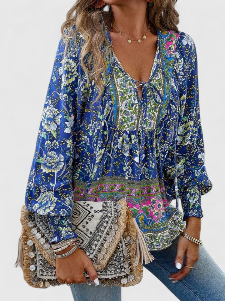 Boho-Bluse mit Blumenmuster für Damen – Lange Ärmel, Pullover-Stil