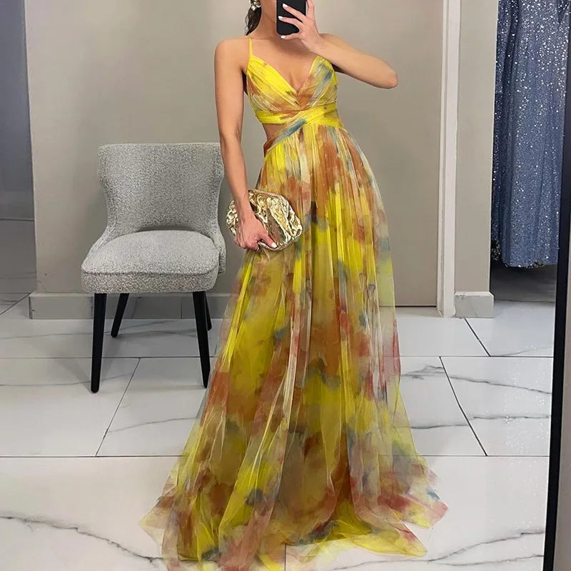 Abito maxi donna in mesh floreale – busto aderente gonna fluida