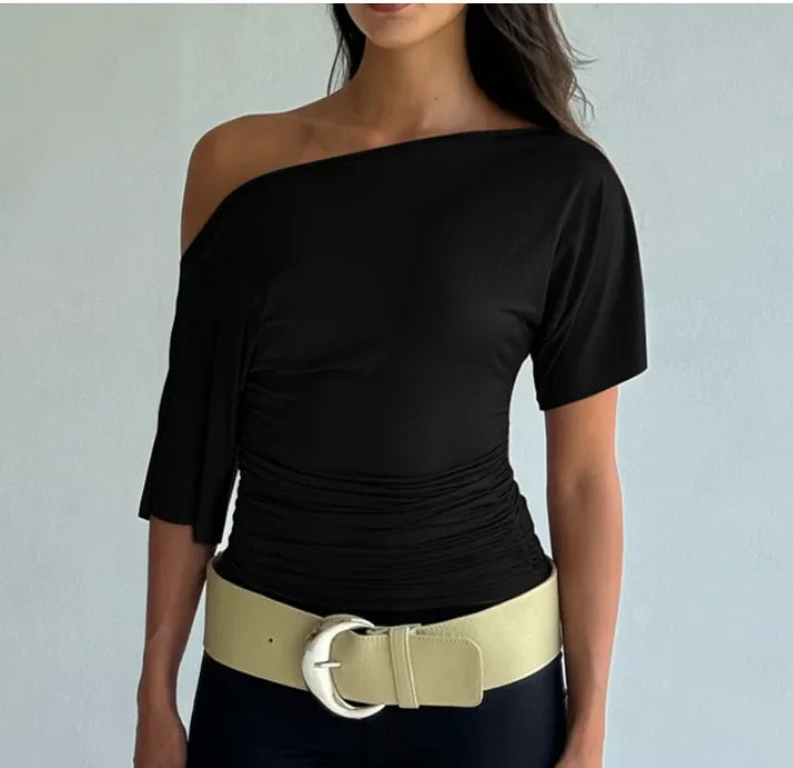 Top Femme Asymétrique Épaule Dénudée – Coupe Slim Courte