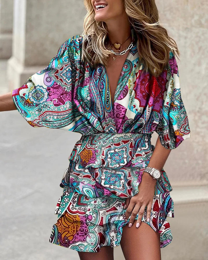 Mini abito boho donna in tessuto leggero – collo a V maniche a pipistrello